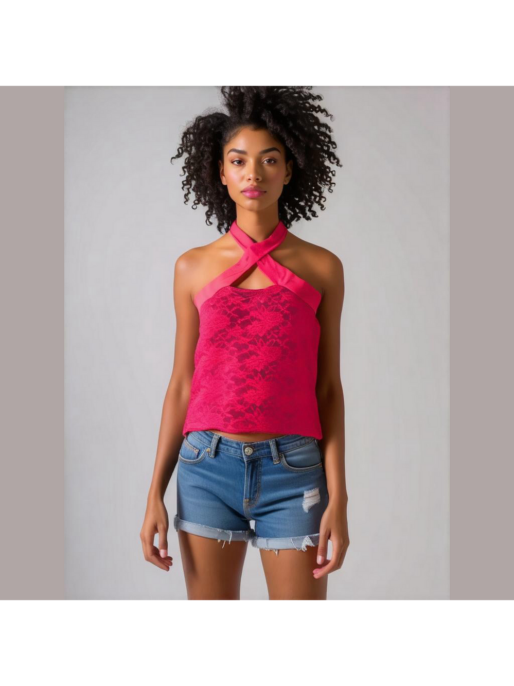 Bibi Lace Tank Top Women Small Pink Halter Cutout Criss Cross